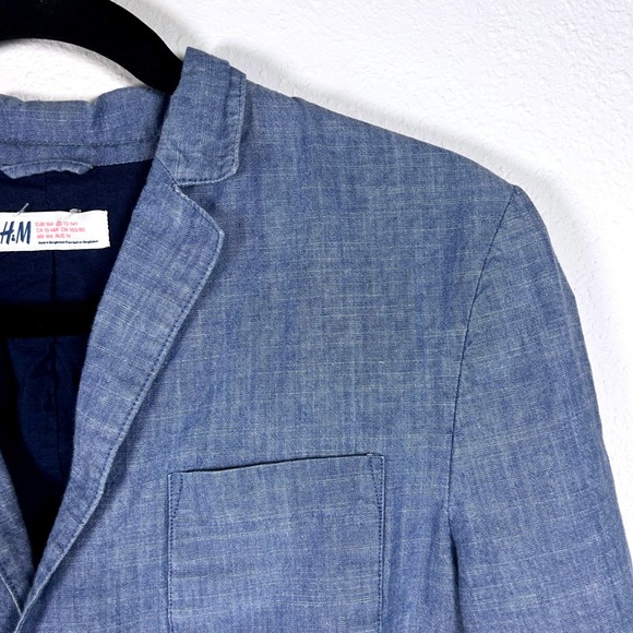 H&M Boys Chambray Blue Blazer Two Button Front Pockets Classic Style Youth 13-14 - Picture 4 of 12